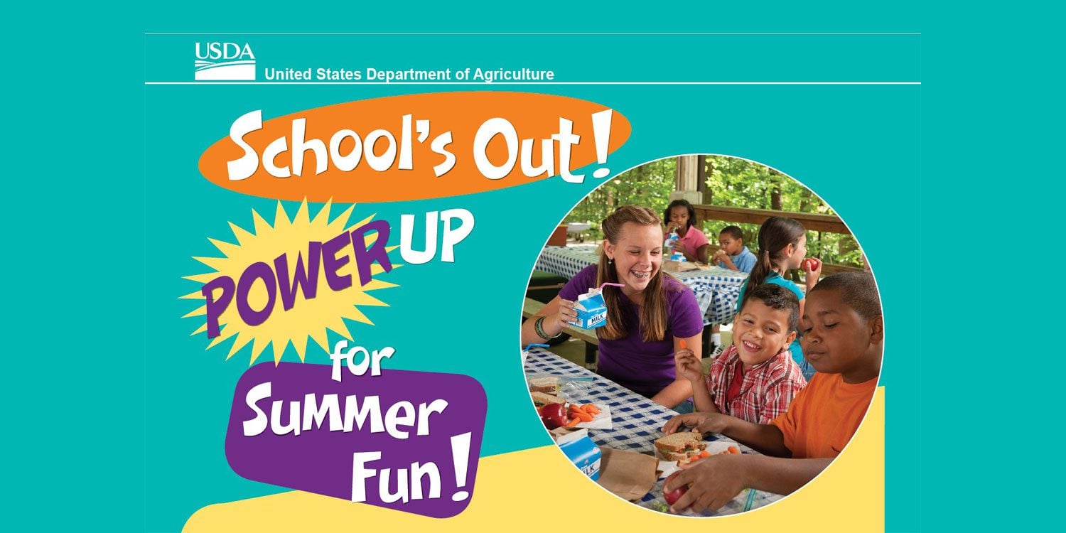 Flyer with text and children eating outdoors.